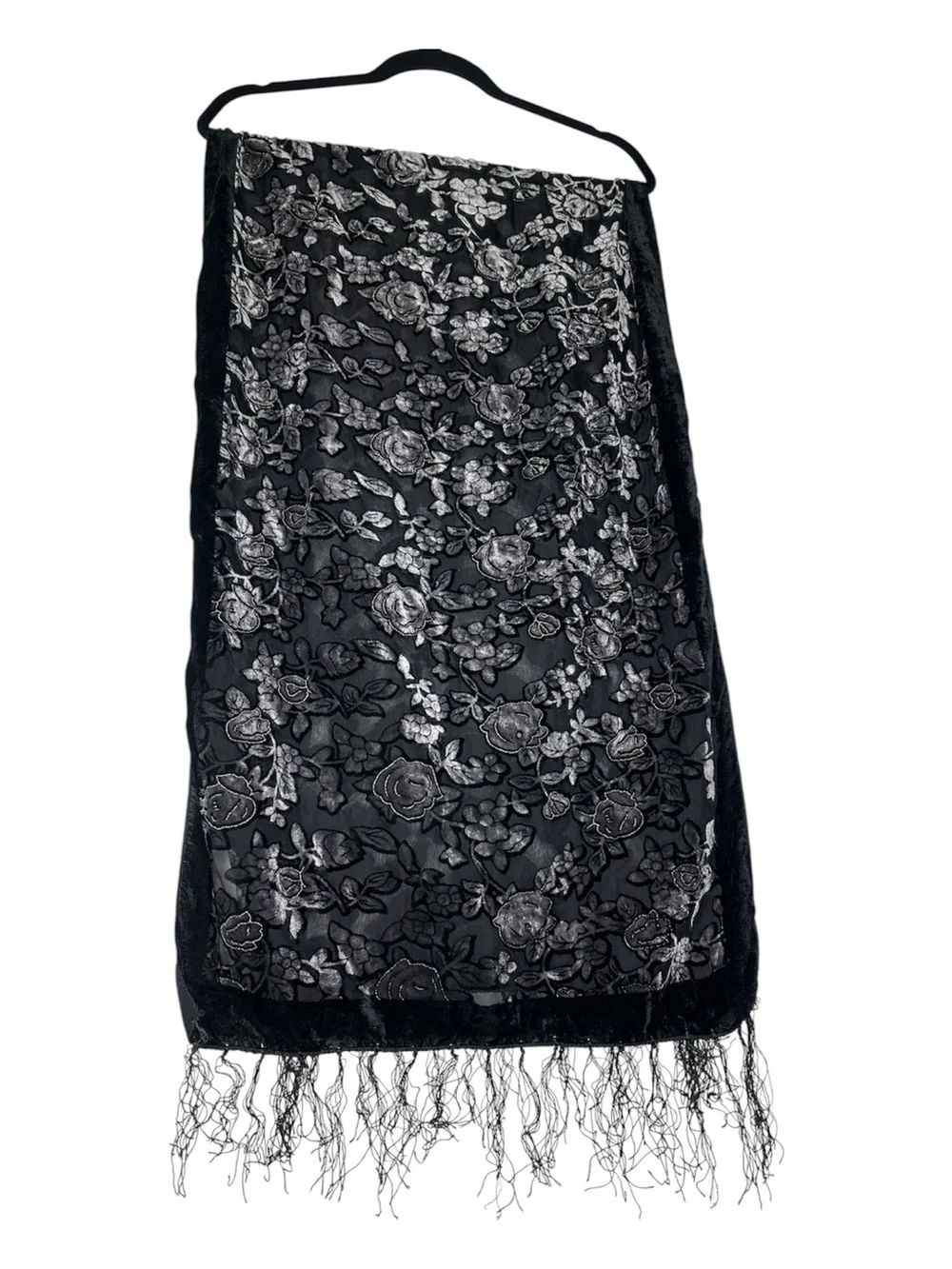 Vintage 90s Black Velvet Floral Burnout Shawl Scarf